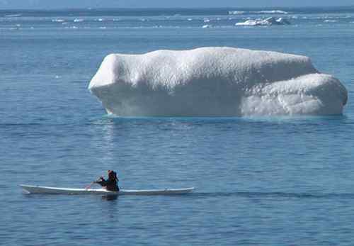 Greenlandic kayaker and bergs
