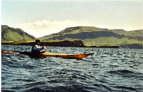 Watercolour of Sophie kayaking off Mull